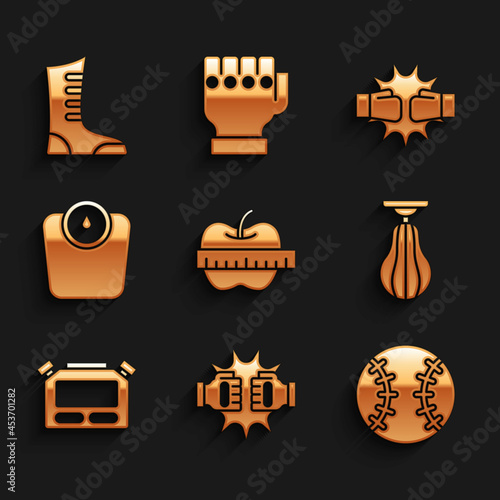 Set Apple and measuring tape, Punch boxing gloves, Baseball ball, Punching bag, Stopwatch, Bathroom scales, and Sport shoes icon. Vector