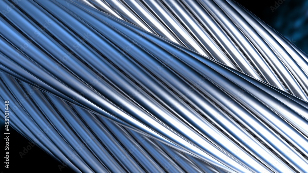 Fototapeta premium Silver metallic wire rope on blue thunder background. 3D illustration. 3D high quality rendering. 