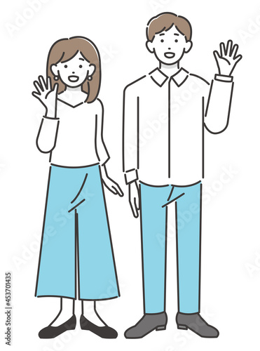 笑顔で手を振る、若いカップルのベクターイラスト素材／シンプル／子供／夫婦／赤ちゃん