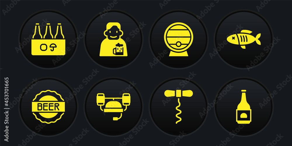 Set Bottle cap with beer, Dried fish, Beer helmet, Wine corkscrew, Wooden barrel on rack, Happy man, bottle and Pack of bottles icon. Vector Set Bottle cap with beer, Dried fish, Beer helmet, Wine corkscrew, Wooden barrel on rack, Happy man, bottle and Pack of bottles icon. Vector