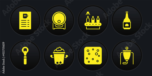 Set Bottle opener, Beer bottle, Ice bucket, bubbles, Conveyor band, beer, Wooden barrel rack, brewing process and menu icon. Vector