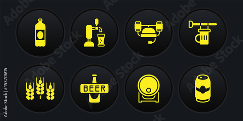 Set Wheat, Signboard with glass of beer, Beer bottle, Wooden barrel on rack, helmet, tap, can and Plastic icon. Vector