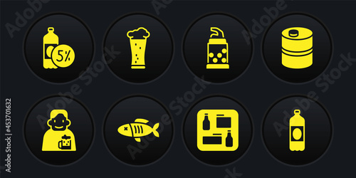 Set Happy man with beer, Metal keg, Dried fish, Beer menu, Bottle opener, Glass of, Plastic bottle and icon. Vector