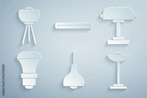 Set Lamp hanging  Table lamp  LED light bulb  Floor  Fluorescent and icon. Vector