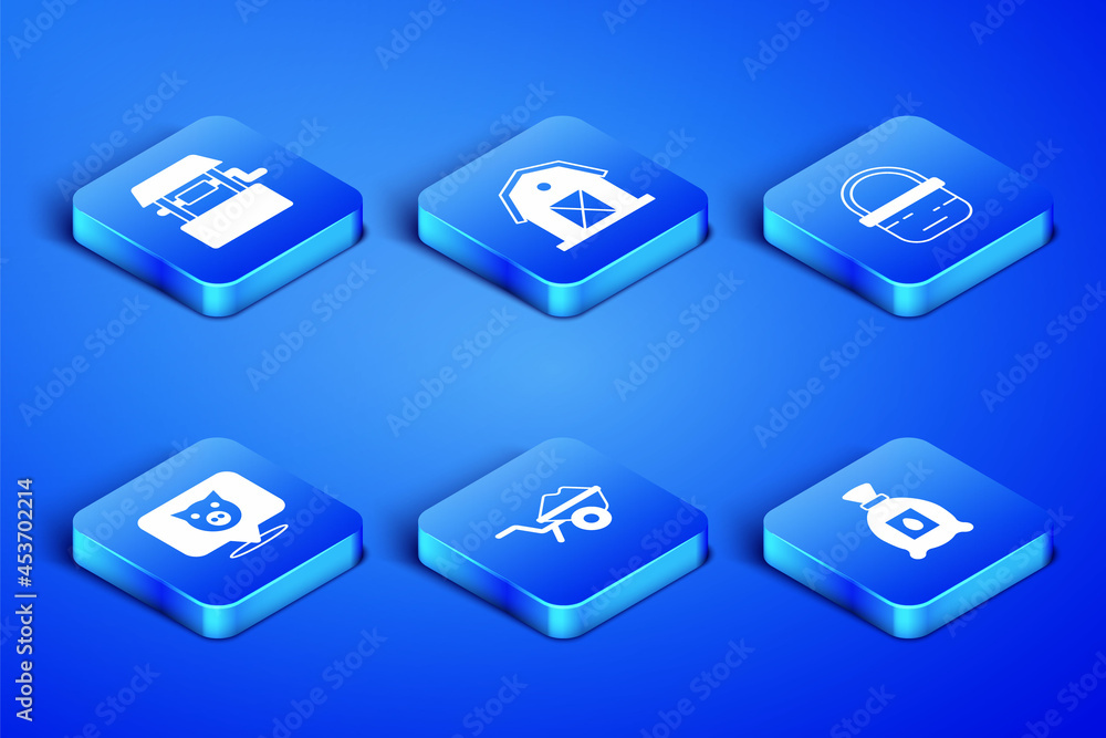 Set Pack full of seeds of plant, Well, Wheelbarrow with dirt, Pig, Farm house and Basket icon. Vector Set Pack full of seeds of plant, Well, Wheelbarrow with dirt, Pig, Farm house and Basket icon. Vector