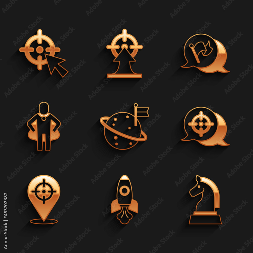 Set Moon with flag, Rocket ship, Chess, Target, Head hunting, Flag and icon. Vector Set Moon with flag, Rocket ship, Chess, Target, Head hunting, Flag and icon. Vector