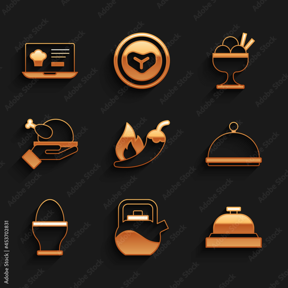 Set Hot chili pepper pod, Kettle with handle, Hotel service bell, Covered tray, Chicken egg on stand, Roasted turkey or chicken, Ice cream in bowl and Online ordering delivery icon. Vector Set Hot chili pepper pod, Kettle with handle, Hotel service bell, Covered tray, Chicken egg on stand, Roasted turkey or chicken, Ice cream in bowl and Online ordering delivery icon. Vector
