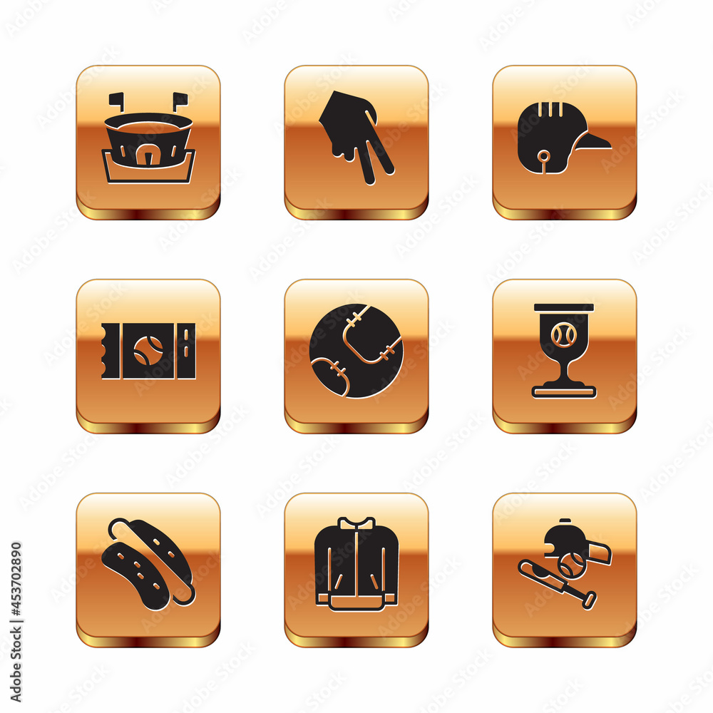 Set Baseball arena, Hotdog sandwich, t-shirt, ticket, helmet, bat with ball, hat and glove icon. Vector Set Baseball arena, Hotdog sandwich, t-shirt, ticket, helmet, bat with ball, hat and glove icon. Vector