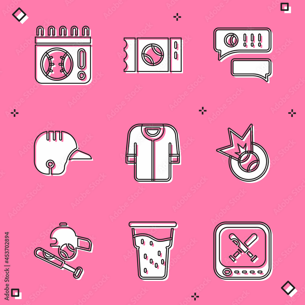 Set Calendar with baseball game, Baseball ticket, Speech bubble chat, helmet, t-shirt, bat ball, and Glass of beer icon. Vector Set Calendar with baseball game, Baseball ticket, Speech bubble chat, helmet, t-shirt, bat ball, and Glass of beer icon. Vector