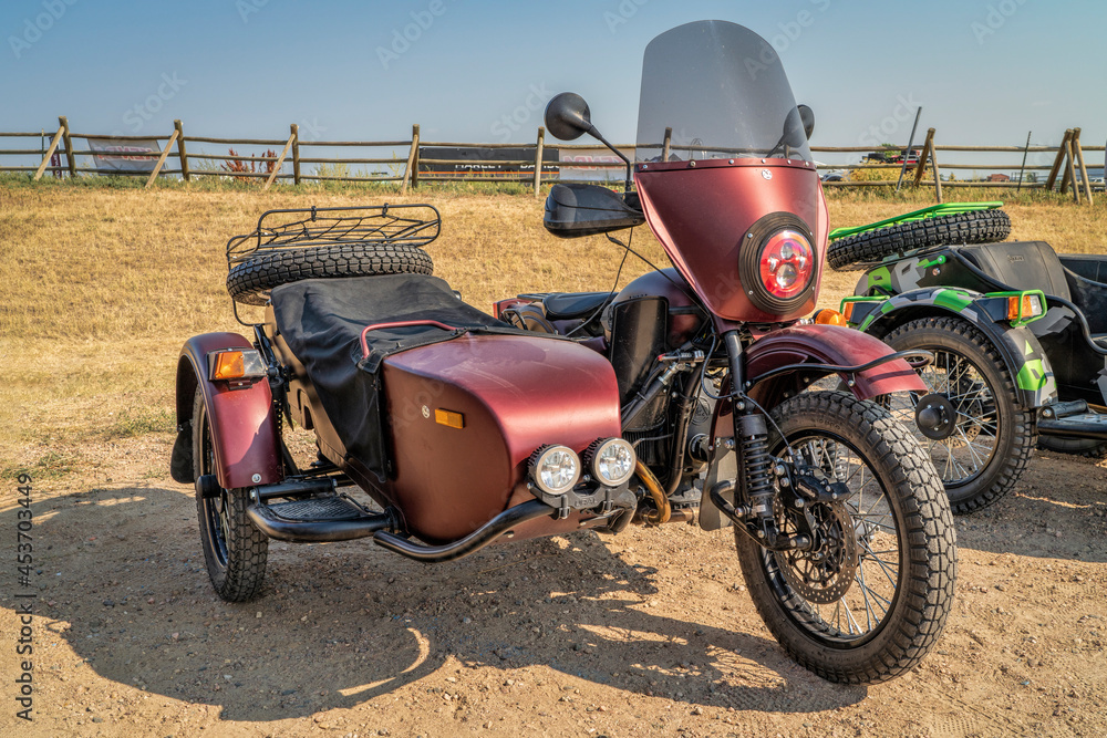 Loveland, CO, USA August 29, 2021 Russian made Ural motorcycle with