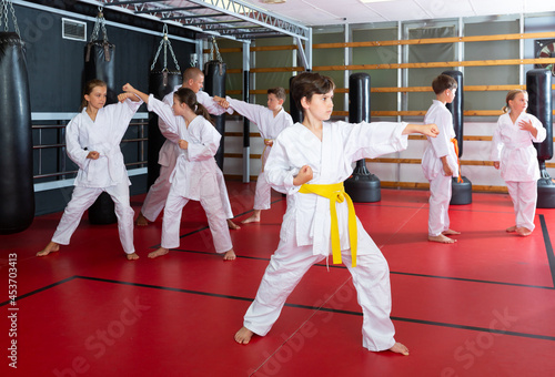 Portrait of school child boy wearing in kimono, practicing new moves during karate class