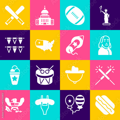 Set Hotdog sandwich, Sparkler firework, Benjamin Franklin, American Football ball, USA map, Carnival garland with flags, Crossed baseball bat and Firework icon. Vector