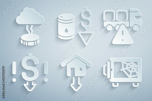 Set Falling property prices, Stop delivery cargo truck, Dollar rate decrease, Safe, Drop crude oil and Storm icon. Vector