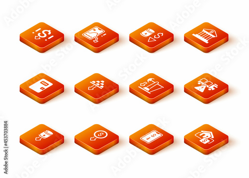Set Drop in crude oil price, Dollar rate decrease, Prison cell door, Gold bars, Mobile stock trading, Hanging sign with Sale and Stop delivery cargo truck icon. Vector