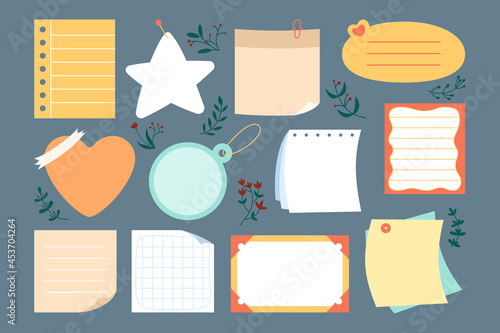 Notebook paper sticky planner note page set. Blank sticker and note with elements planning. Abstract graphic notepad curled corners, push pins. Various tag business office, reminds sheets writing