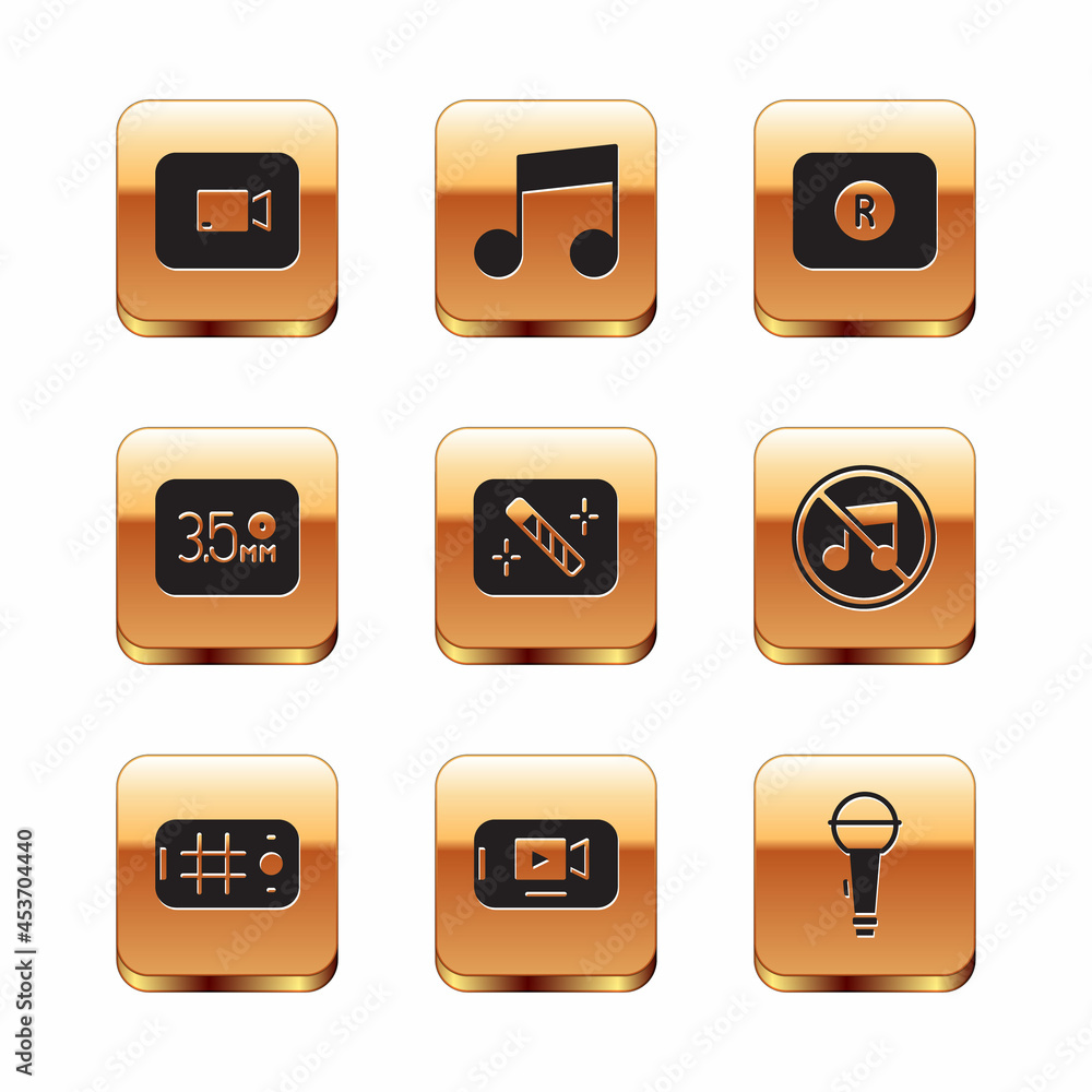 Set Play video button, Selfie mobile, Online play, Photo retouching, Audio jack, Record, Microphone and Music note, tone icon. Vector Set Play video button, Selfie mobile, Online play, Photo retouching, Audio jack, Record, Microphone and Music note, tone icon. Vector