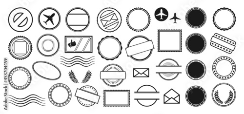 Postal Stamp retro empty frame set. Banners vintage icon border postmark pack. Blank imprints stamps. Document and package, letter insignia collection round and square stamp symbol label