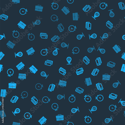 Set Stopwatch, Credit card, Cash location pin and Briefcase on seamless pattern. Vector