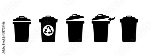 Recycle trash bin with its lid icon set. Open trash bin vector sign.