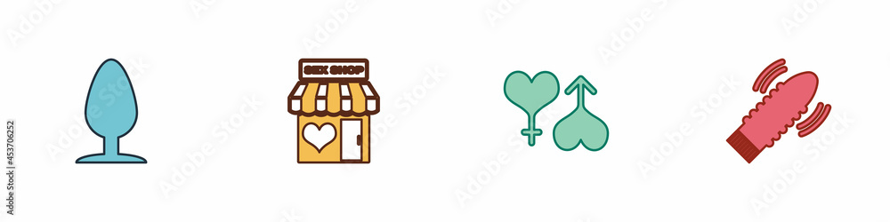 Set Anal plug, Sex shop building, Male and female heart and Dildo vibrator for sex games icon. Vector Set Anal plug, Sex shop building, Male and female heart and Dildo vibrator for sex games icon. Vector
