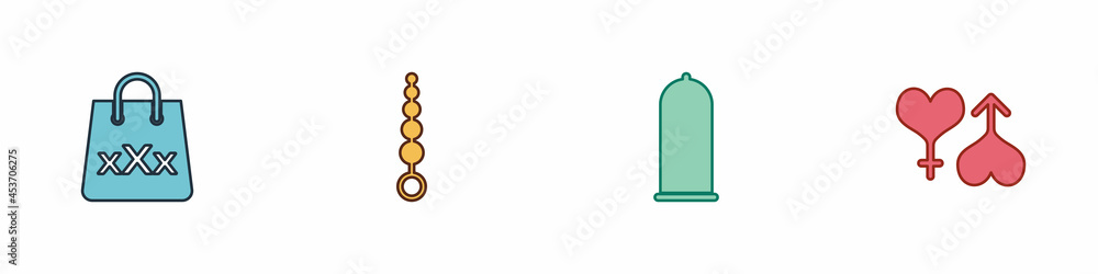 Set Shopping bag with triple X, Anal beads, Condom safe sex and Male and female heart icon. Vector Set Shopping bag with triple X, Anal beads, Condom safe sex and Male and female heart icon. Vector