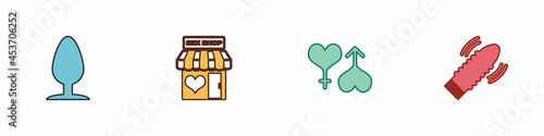 Set Anal plug, Sex shop building, Male and female heart and Dildo vibrator for sex games icon. Vector