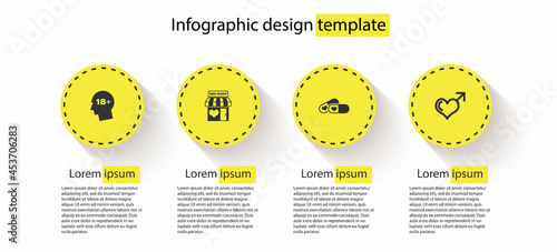 Set Head with 18 plus, Sex shop building, Pills for potency and Male gender and heart. Business infographic template. Vector