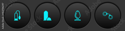 Set Penis pump, Condoms safe sex, Anal plug and Sexy fluffy handcuffs icon. Vector