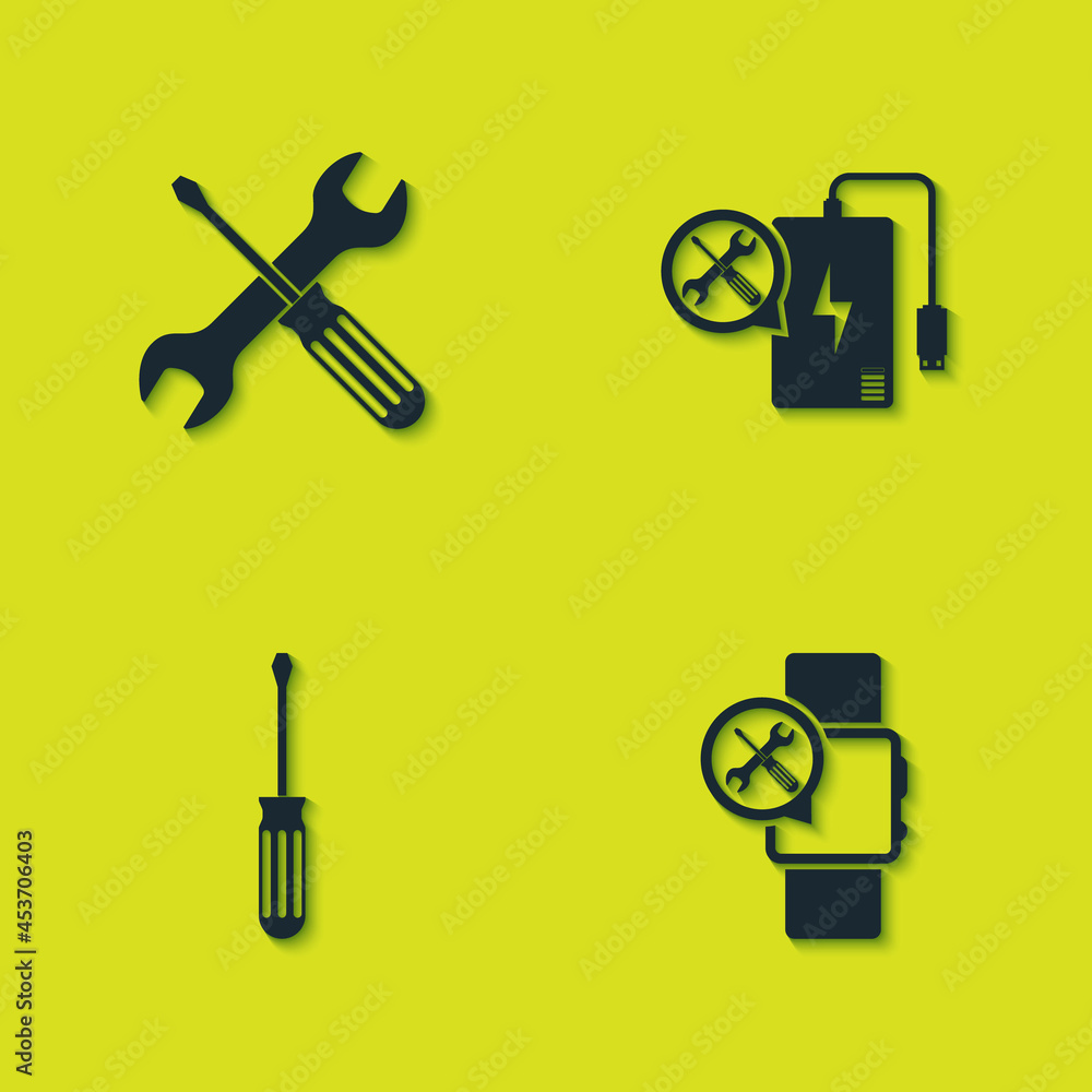 Set Crossed screwdriver and wrench, Smartwatch service, Screwdriver and Power bank icon. Vector Set Crossed screwdriver and wrench, Smartwatch service, Screwdriver and Power bank icon. Vector