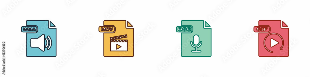 Set WMA file document, MOV, OGG and GIF icon. Vector Set WMA file document, MOV, OGG and GIF icon. Vector