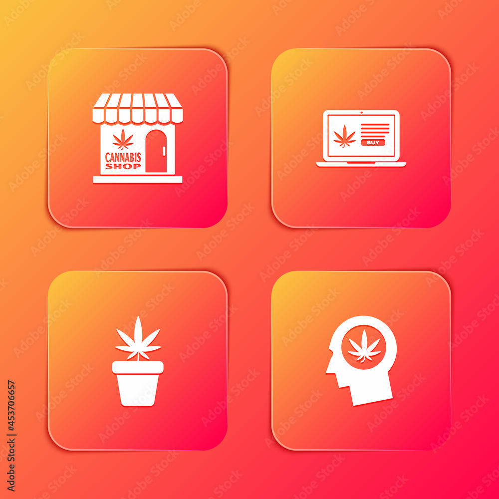 Set Marijuana and cannabis store, Online buying marijuana, plant pot and Head profile with icon. Vector Set Marijuana and cannabis store, Online buying marijuana, plant pot and Head profile with icon. Vector