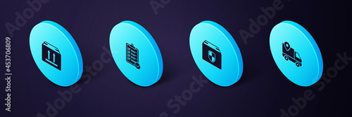 Set Isometric Delivery tracking, box security shield, Verification of delivery list and Cardboard with traffic icon. Vector