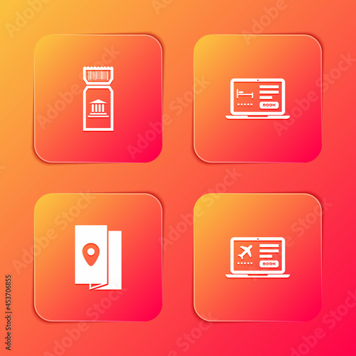 Set Museum ticket, Online hotel booking, Cover travel guide and Laptop with icon. Vector