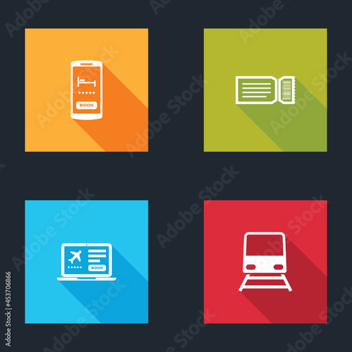 Set Online hotel booking, Ticket, Laptop with ticket and Train icon. Vector