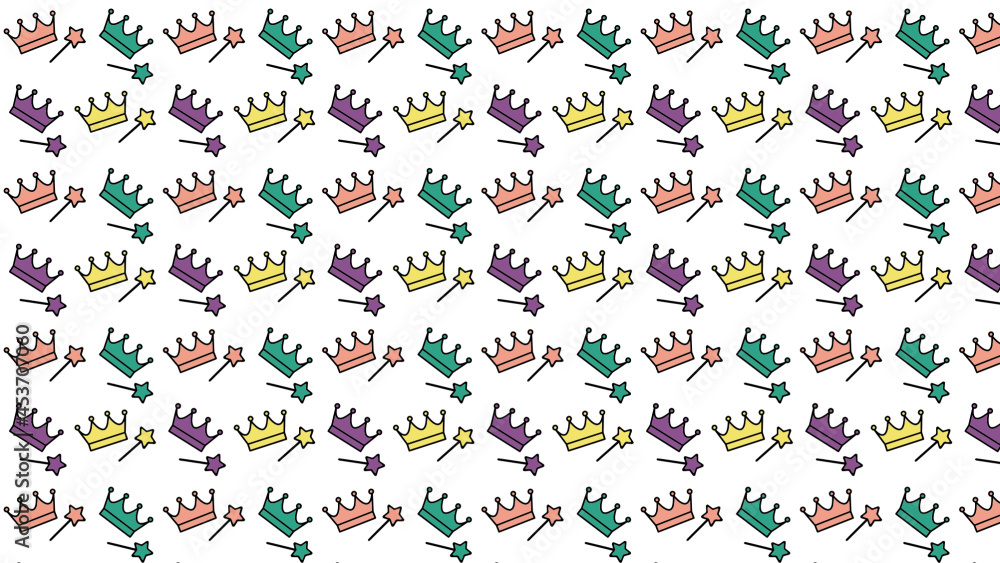  Crowns with magic wands, seamless pattern, gift wrapping
