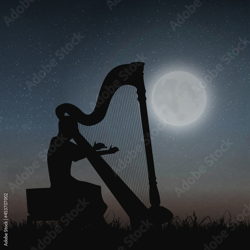 A Girl Playing The Harp Under The Moonlight