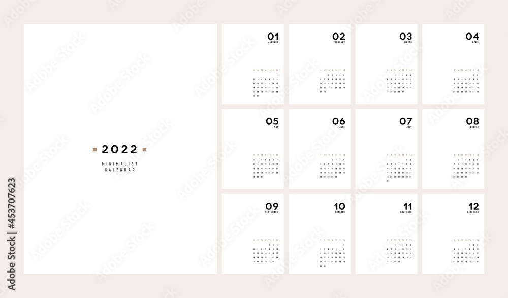 Calendar 2022 Trendy Minimalist Style. Set of 12 pages desk calendar. minimal calendar planner design for printing template. vector illustration