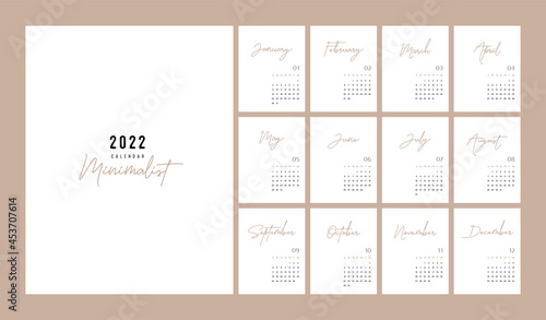 Calendar 2022 Trendy Minimalist Style. Set of 12 pages desk calendar. 2022 minimal calendar planner design for printing template. vector illustration
