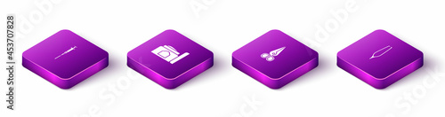 Set Isometric Syringe, Cream cosmetic tube, Scissors and Eyebrow tweezers icon. Vector