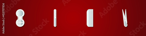 Set Makeup powder with mirror, Nail file, Hairbrush and Eyebrow tweezers icon. Vector
