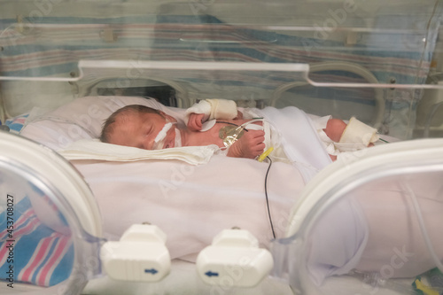 Premature newborn baby in incubator