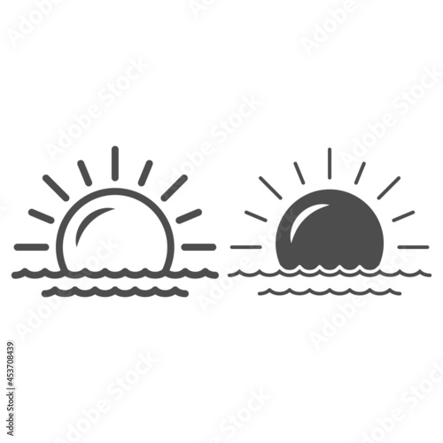 Sun and sea, seaside, sunset line and solid icon, weather and climate concept, sunrise vector sign on white background, outline style icon for mobile concept and web design. Vector graphics.