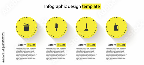 Set Bucket with soap suds, Adhesive roller, Rubber plunger and Fabric softener. Business infographic template. Vector