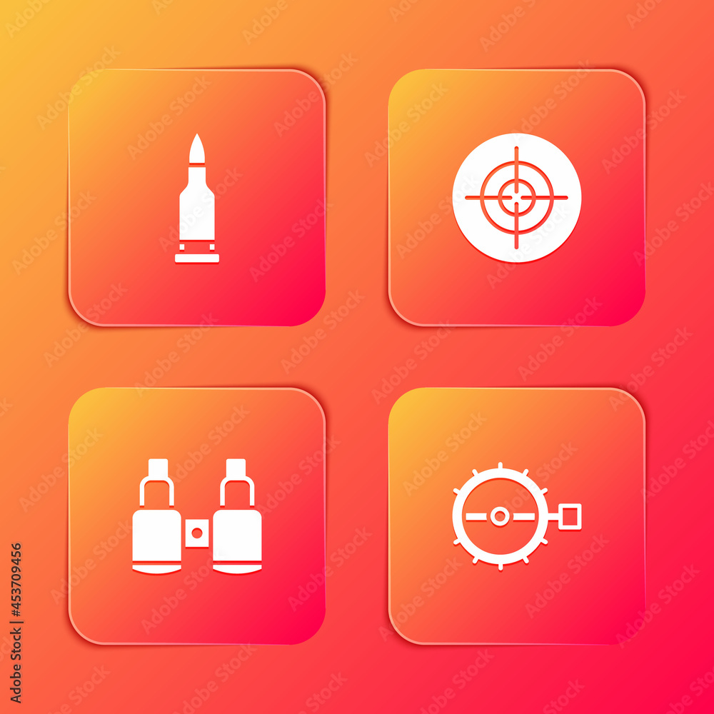 Set Bullet, Target sport, Binoculars and Trap hunting icon. Vector Set Bullet, Target sport, Binoculars and Trap hunting icon. Vector
