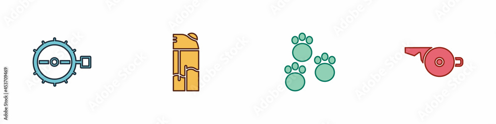 Set Trap hunting, Lighter, Paw print and Whistle icon. Vector Set Trap hunting, Lighter, Paw print and Whistle icon. Vector