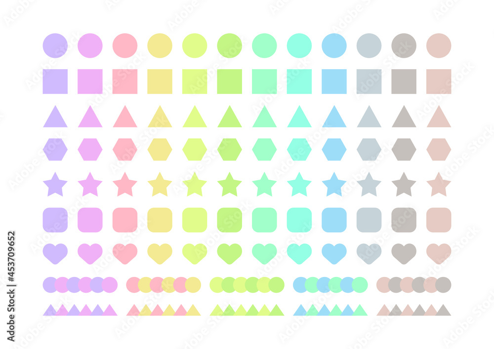 A collection of point sticker illustrations of various shapes in cute pastel colors. A collection of point sticker illustrations of various shapes in cute pastel colors.