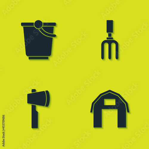 Set Bucket, Farm house, Wooden axe and Garden rake icon. Vector