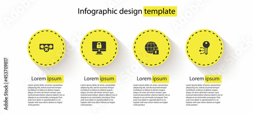 Set Password protection, Lock computer monitor, Global lockdown and Cryptocurrency key. Business infographic template. Vector