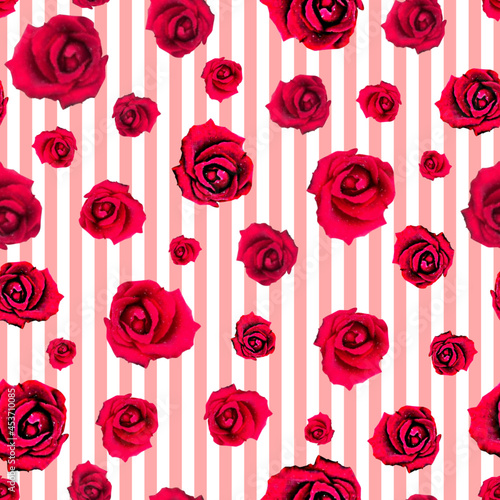 Striking Red Roses on Pink Stripes Seamless
