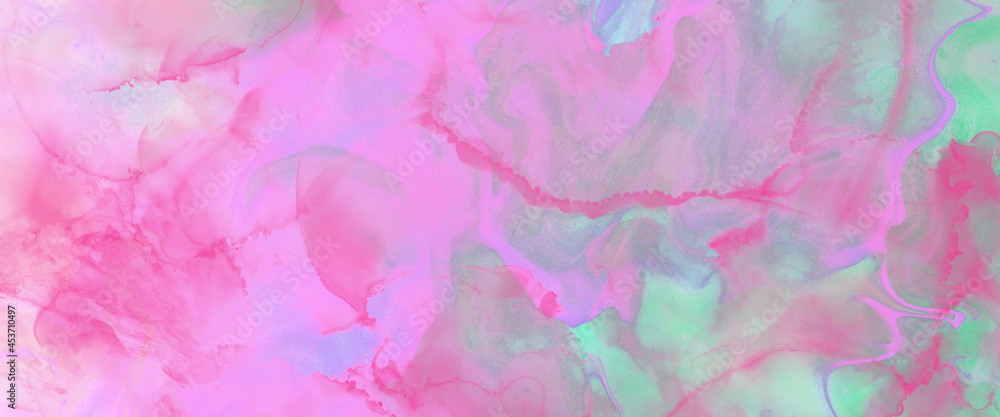 Light pink and cyan wet watercolor liquid paint splash texture background design